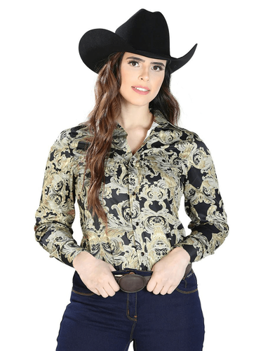 Women's Gold/Black Print Long Sleeve Western Shirt El Señor de los Cielos 44107 - Imagen 4 de 6