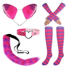 Fumwase Pink Purple Striped Cat Costume Set Cat Ears Necklace Furry Tail 