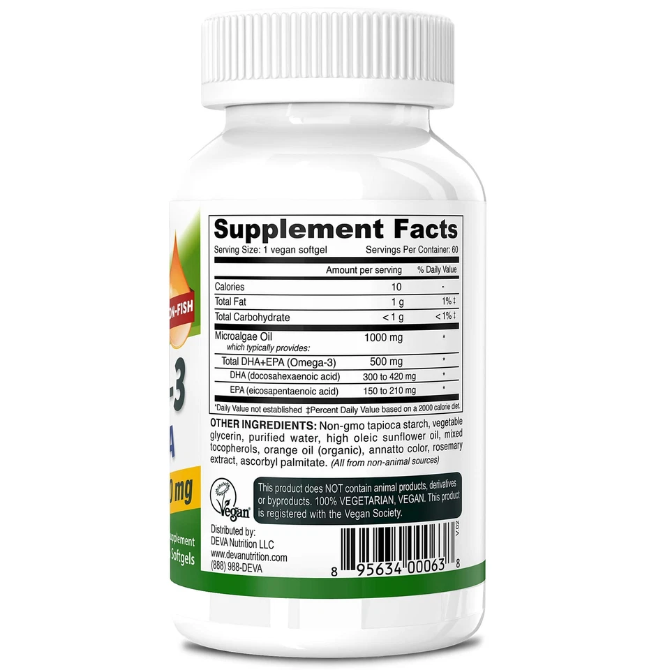 Vegan Omega 3 DHA EPA 1000 mg Algae Oil Softgels Carrageenan Free 60 Count - Imagem 2 de 4