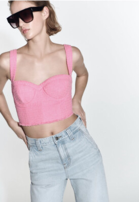 ZARA NEU DAMEN SS23 VERWASCHENES ROSA STRUKTURIERTES BUSTIER-TOP GRÖSSE XS NEU MIT ETIKETT 2923/469