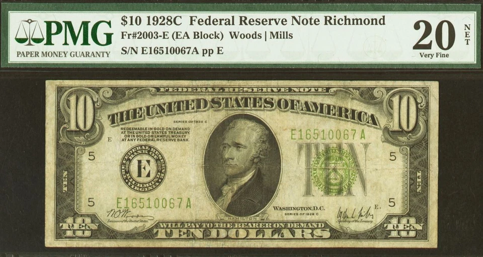 1928C $10 FRN PMG 20 - Redeemable in Gold - Light Green Seal - Scarce Richmond - Image 2 of 3