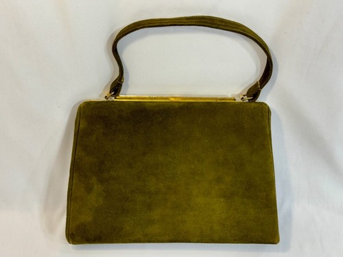 VINTAGE OLIVE GREEN VELVET EVENING PURSE HANDBAG GOLD CLASP CLUTCH 11" X 7"