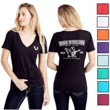True Religion Women's T-Shirt Deep V-Neck Crystal Embellishment Buddha Logo Tee