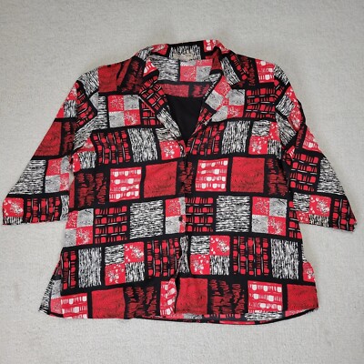 Vintage Notations 3/4 Sleeve Button Up Shirt Women's 1X Plus Size Red Geometric