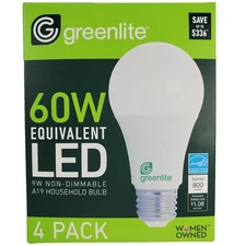 Greenlite LED 4 Pack 9W 60W Equivalent Light Bulbs 800 Lumens A19 Non-Dimmable