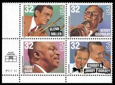 US Scott # 3099a, Big Band Leaders, Plate Block of (4) 1996 32¢ Stamps, MNH