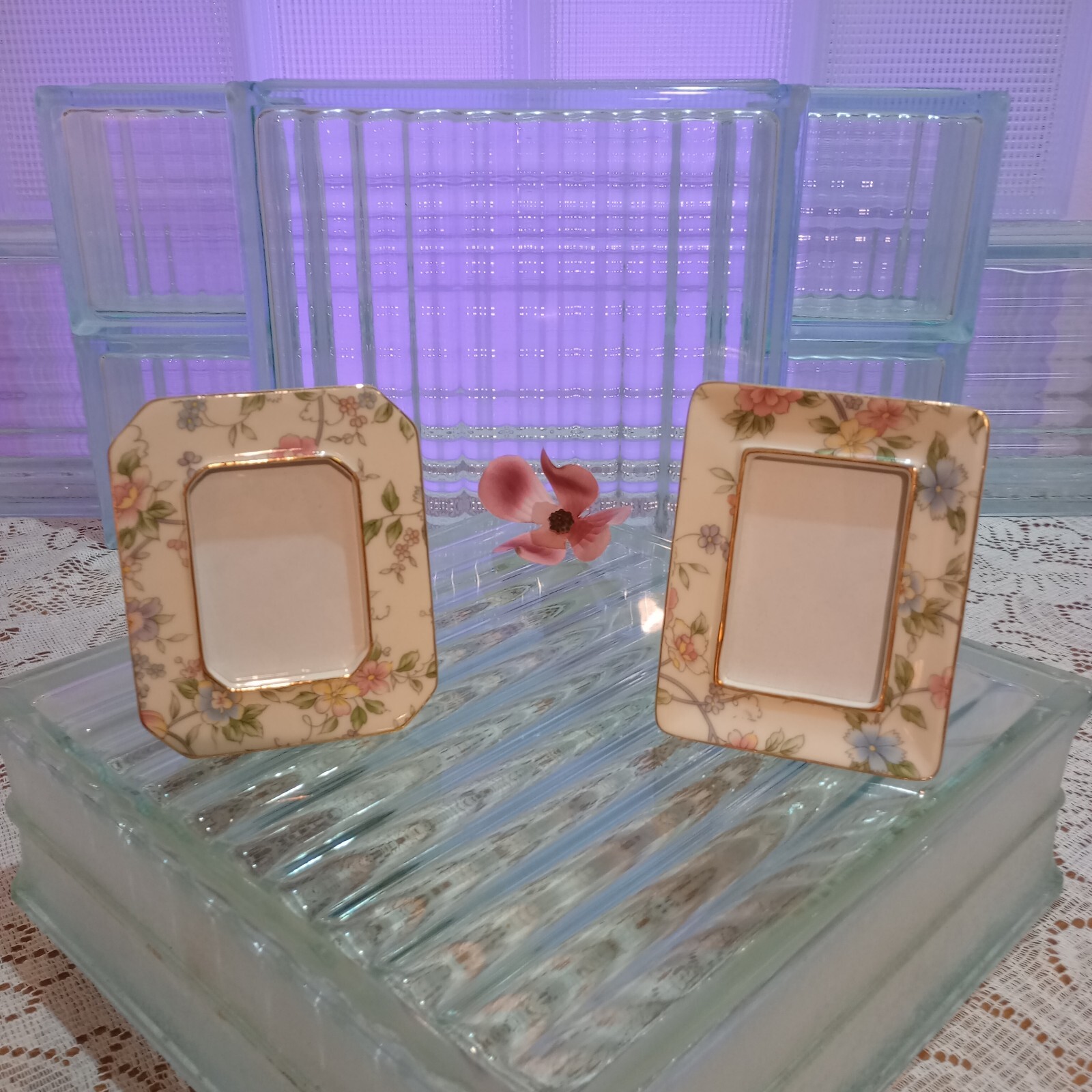 Vintage Porcelain Picture Frames Pink Gold Blue Painted Flower Japan