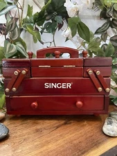 Vintage SINGER Wooden Accordion Sewing Storage Chest Box W/ Drawers {scratches}