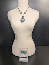 Faux Turquoise Pendant Necklace Earrings Set Silver Tone Round Oval Boho Western