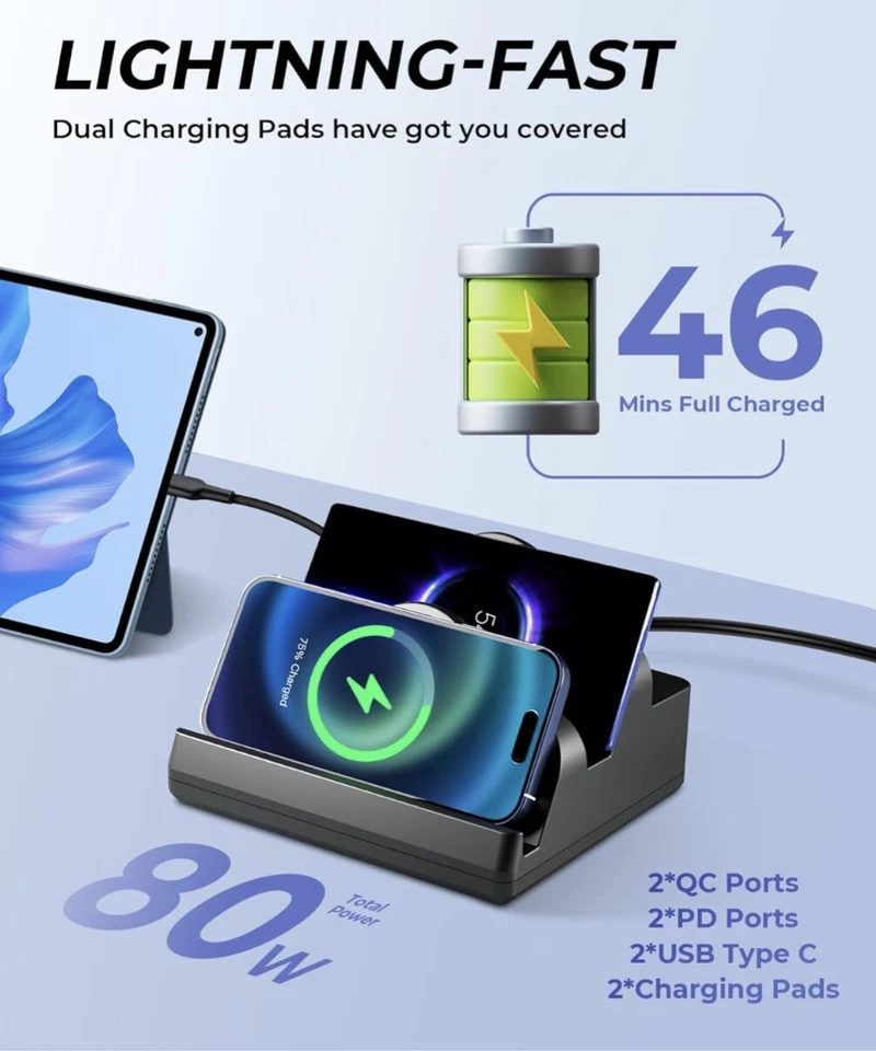 Multi-Charging Dock Wireless Cellphone Charger Station for iPhone Samsung 8-in-1 - Image 2 of 4