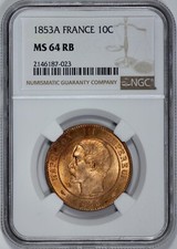 1853-A France 10 Centimes NGC MS 64 RB Looks Red