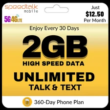 SpeedTalk SIM Card Unlimited Talk & Text 2GB Data Prepaid Phone Plan $12.50/Mo. 