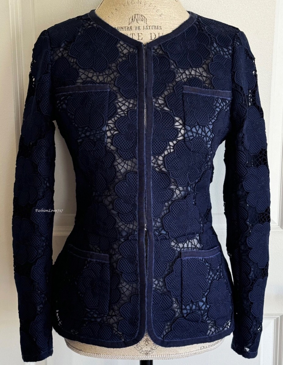 CHANEL 16S NAVY BLUE GUIPURE LACE CC BUTTONS CAMELLIA EMBROIDERY