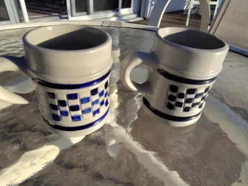 Set of 2 Vintage Williamsburg Pottery Checkerboard Mugs – Handcrafted Stoneware