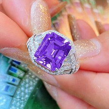 New Rectangle Cut Charming Purple Amethyst Gems Women Silver Rings Adjustable