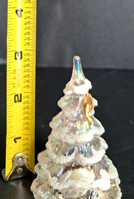 FENTON CHRISTMAS TREE WHITE IRIDESCENT FLOCKED GOLD BIRD 3 INCH FENTON