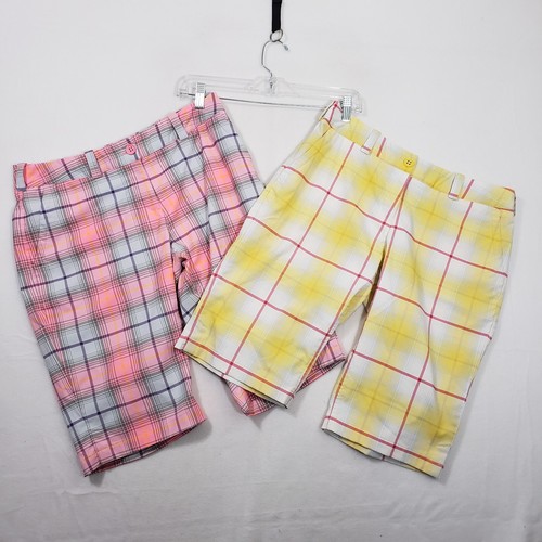 2pc lot Nike Golf Tour Performance 13" Bermuda Shorts Womens 8 Plaid Pink/Yellow
