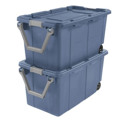 Sterilite 40 Gallon Wheeled Industrial Tote Plastic Storage Bin, Blue, Set of 2