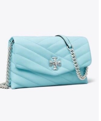 Tory Burch Kira Chevron Chain Wallet Light Celeste Blue Leather Crossbody NWT