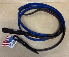 Tory Leather Rubber Grip Competition Reins - Havana & Royal Blue - 5/8" x 60"