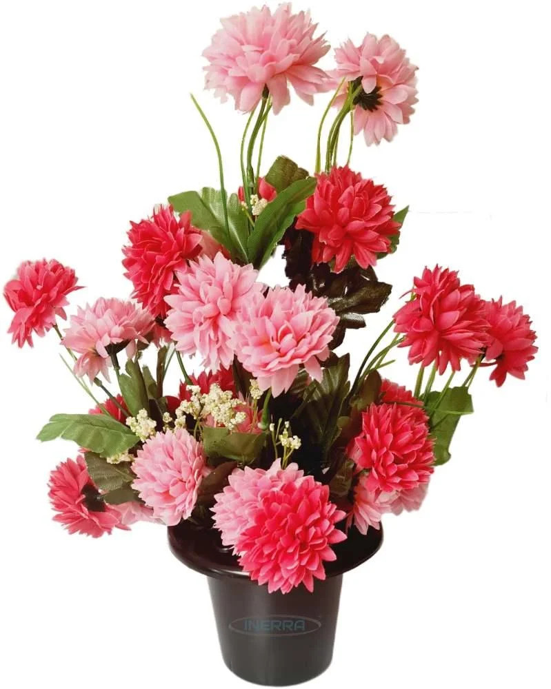 Cemetery Grave Vase Pot with Artificial Cerise & Pink Chrysanthemum Flowers