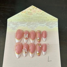 Pink and White French Nail Set with Gold Acce...