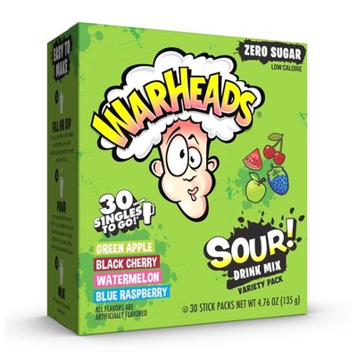 Warheads Singles To Go Sour Drink Mix, 30 Sticks, 0.11 Ounce (Pack of 30) 