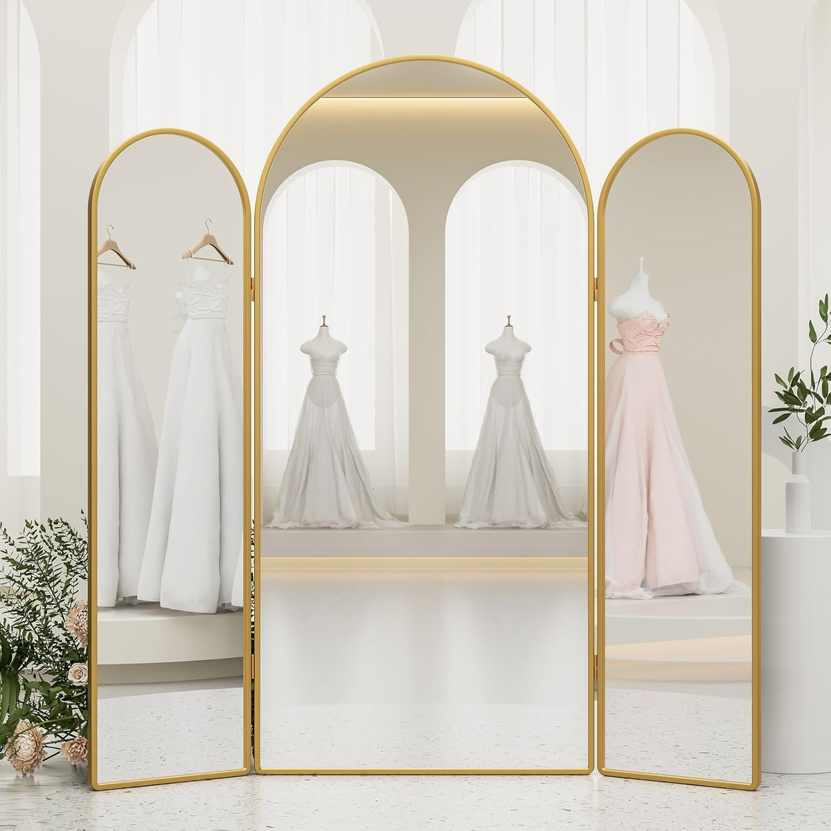 Gold 3-Way Arched Full Length Trifold Mirror, 71