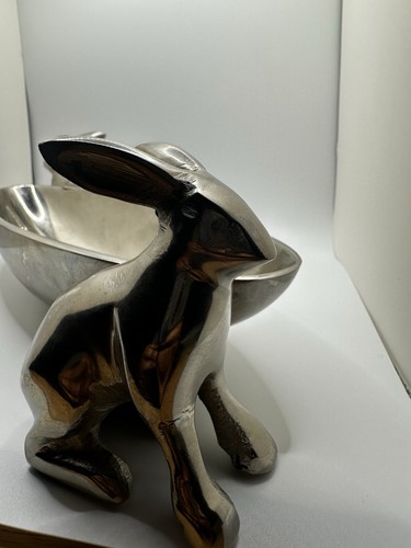 Oval Silvertone Metal Candy Nut Dish Serving Plate Dish WITH Bunny. - Picture 7 of 8