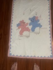 Vintage baby quilt, pink and blue teddy bear measures 25 1/2 X 40