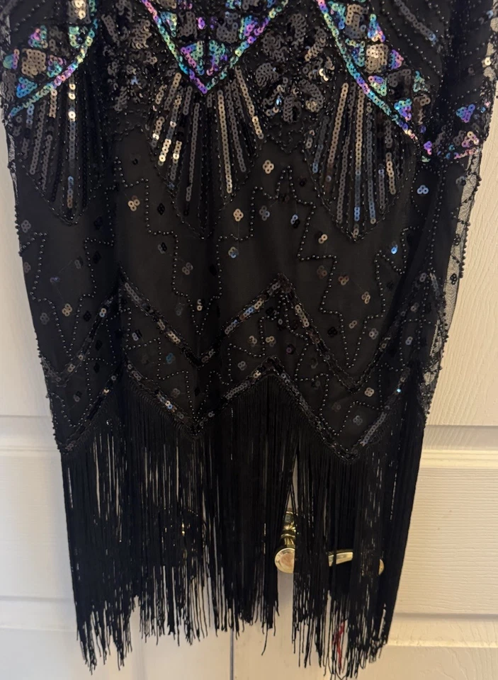 Gatsby Beaded Flapper Dress Black Iridescent Sequins Roaring 20’s Size Large - Image 4 of 4
