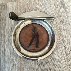 Vtg Metal Golf Themed Trinket Catch All Coin Tray Golfer Swinging Leather Insert