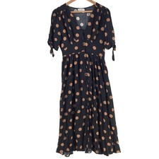 Vine Apparel Dress Womens 10 Black Polka Dot V Neck Fit Flare Midi 130058