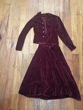 1940s Handmade Burgundy Velvet Jacket Skirt Set Czech Button Dressmaker