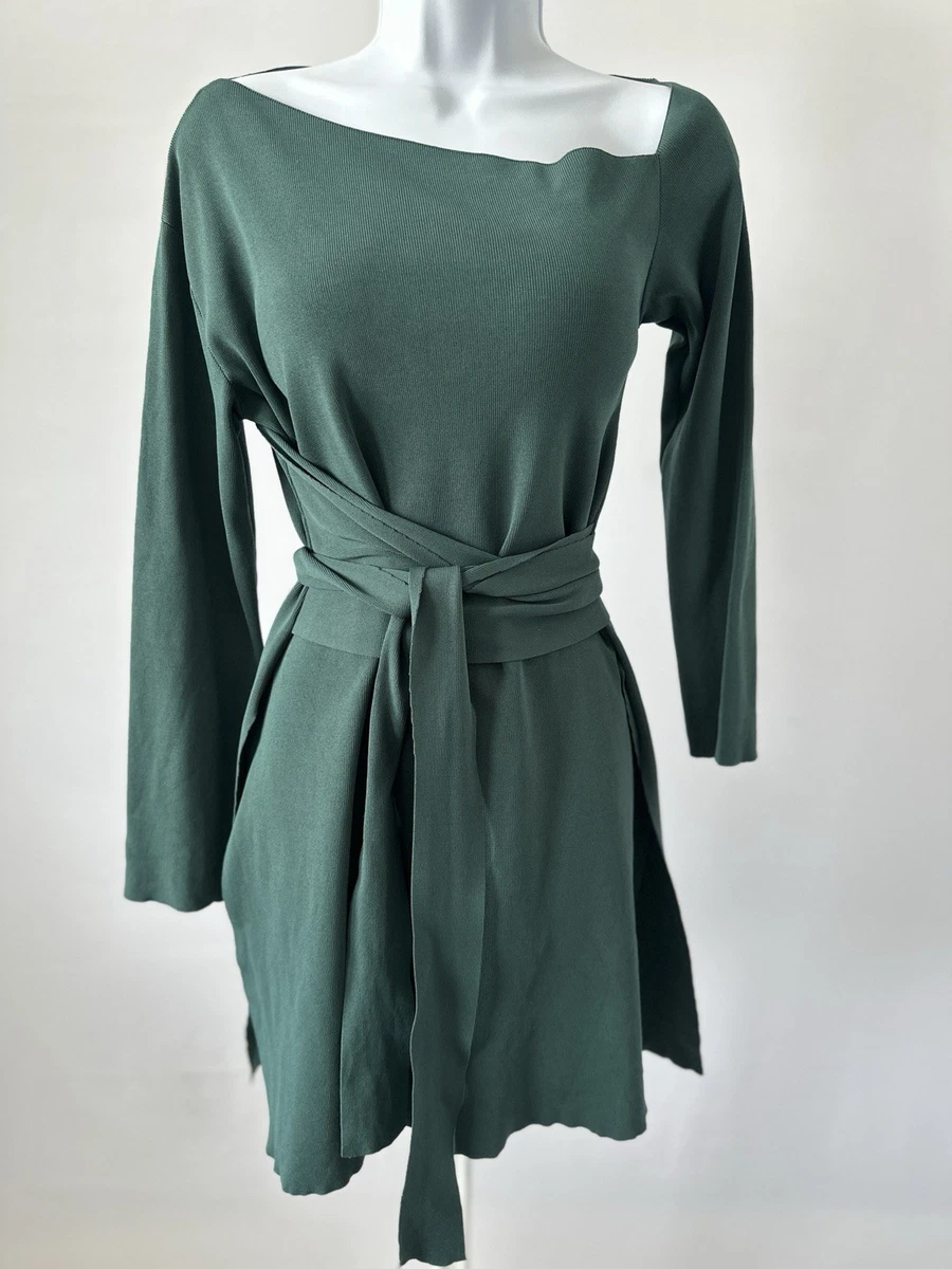 green emerald velvet dress Adolfo Dominguez European Linen V-Neckline Dress Green