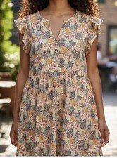 NWT LOFT Paradise Ruffle Button Cap Sleeve Tropical Safari Print Dress Small