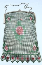 Large 1920s Blue and Pink Enamel Mesh Purse Silver-Tone Frame Pink Roses