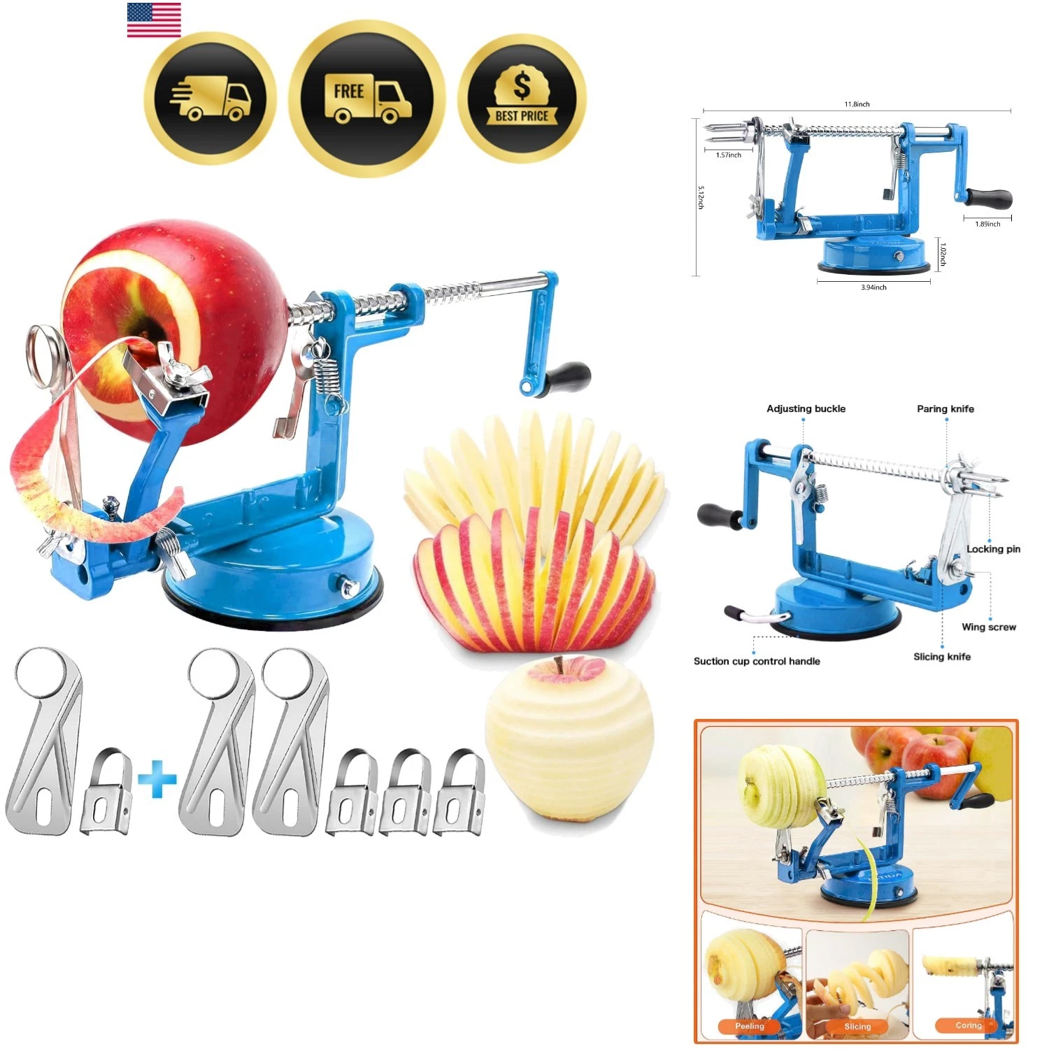 Apple Peeler Corer Slicer for Apples Potatoes Pears Heavy Duty Cast Iron Stai...