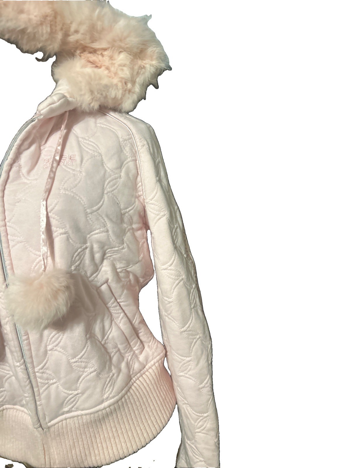 Vintage Pink Rabbit Fur Coat Quilted Size M Hooded Pom Pom’s Blush RARE! Bebe image 5