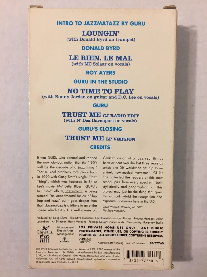 Vtg 1993 Guru Jazzmatazz Vol 1 VHS Videocassette Music Video Chrysalis Records - Image 2 of 4