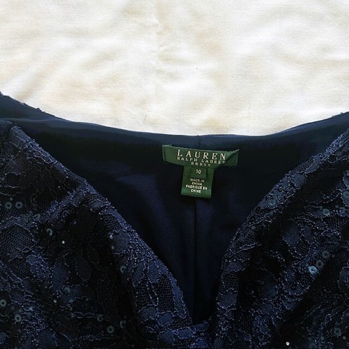 Lauren Ralph Lauren Evening Dress sz 10 Navy Blue Lace Sequins Cocktail - Picture 3 of 11