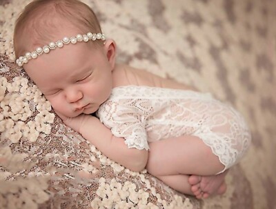 Girl Kids Baby Shower White Lace Leotard Pearl Hair Headband