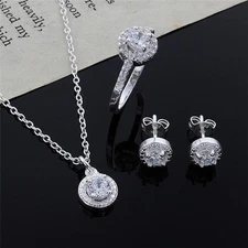 fashion women lady wedding 925 silver crystal necklace earring ring jewelry set