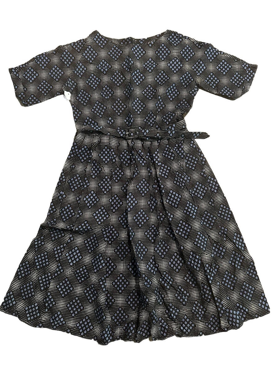 ASOS Pleated A-Line Dress Size 8 Polka Dot Geometric Black Belted Waist