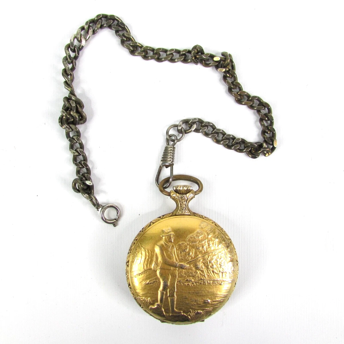 Vintage KENT Pocket Watch 17 Jewels Incabloc Horses Fisherman