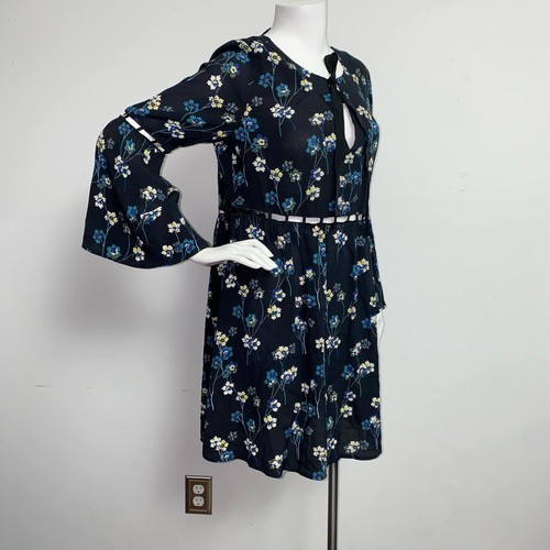 NWT Ella Moss Adara Dress Size M Black Floral Tie Neck Cutouts Bell Sleeve - Picture 3 of 9