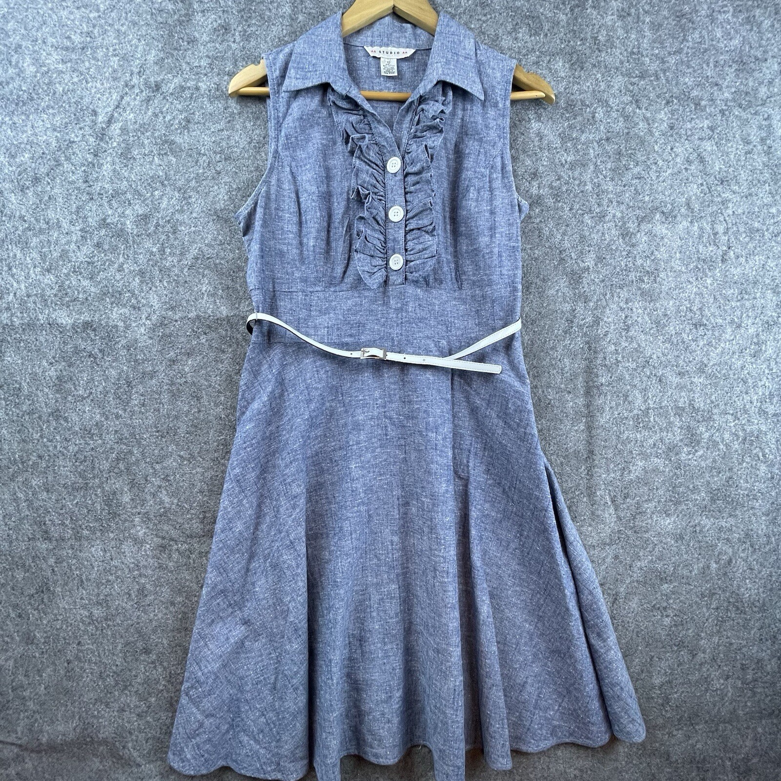 AA Studio AA Dress 10 Ruffle Button Front Belted Lightweight Linen Classic 90s