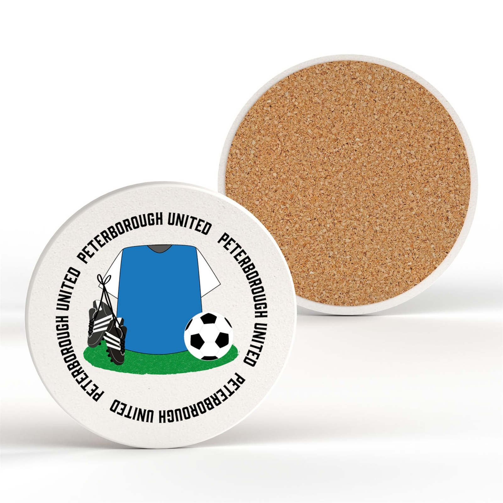 Peterborough United Football Team Shirt & Boots On Ceramic Round Coaster
