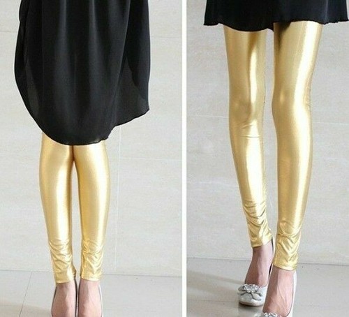 Shiny Metallic Leggings Womens Pants Ladies Gold Silver Black Blue - Picture 2 of 26