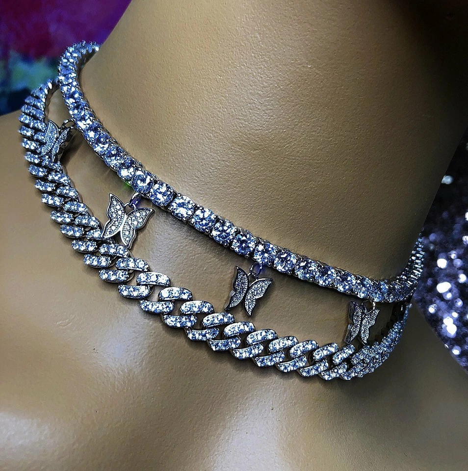 JUEGO DE 2 piezas gargantilla tenis mariposa cubana azul, collar mariposa tenis circonita, Foto 3 de 4